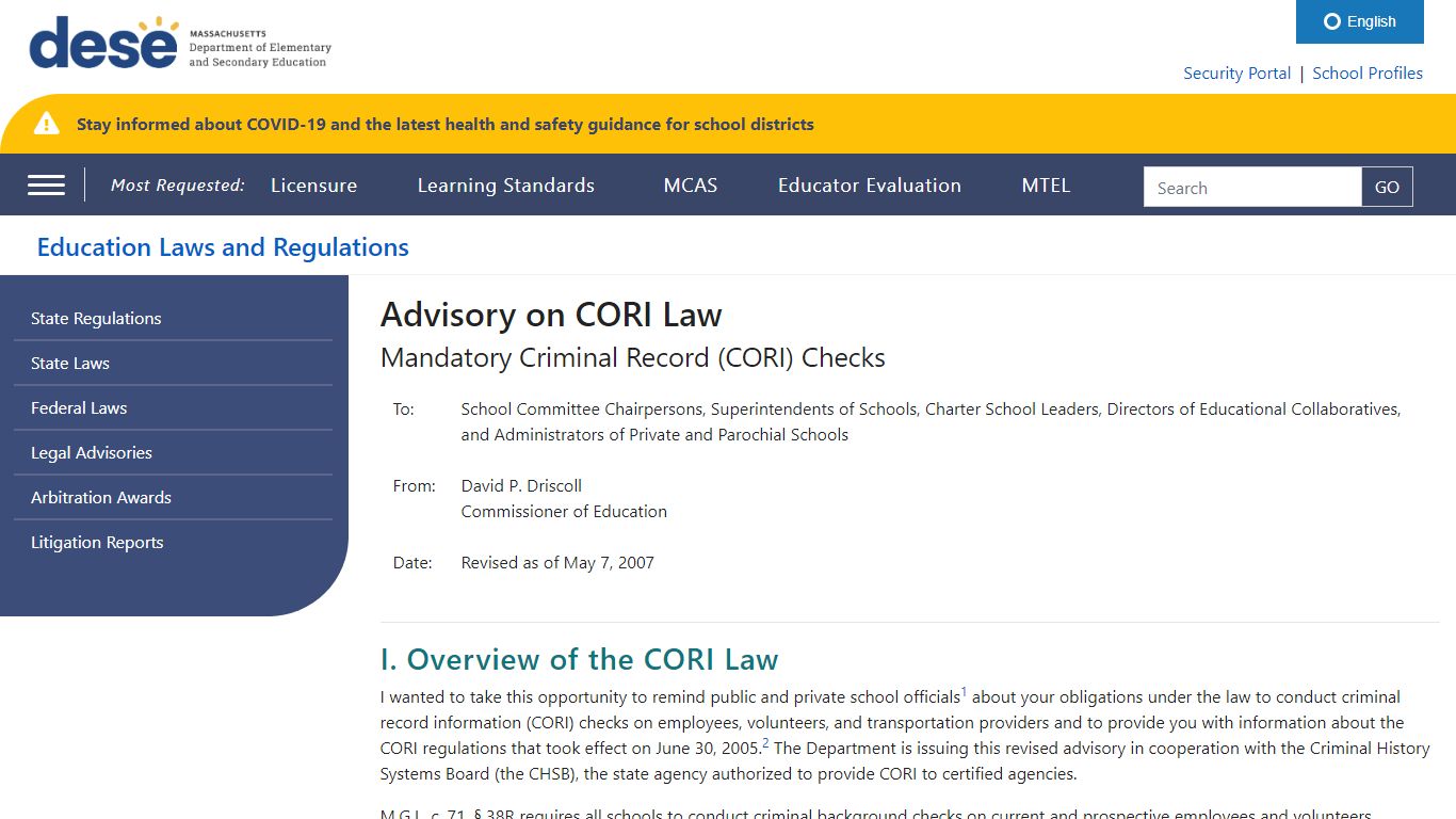 Advisory of CORI Law: Mandatory Criminal Record (CORI) Checks ...